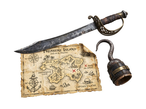 Pirate's Loot: A vintage treasure map marked with an 'X', a cutlass, and a pirate's hook are laid out, hinting at adventure and hidden riches.