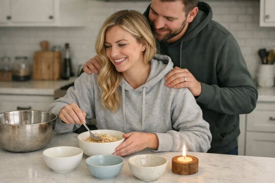 Smiling couple cooking breakfast in modern kitchen, man hugging woman from behind during cozy morning at home.