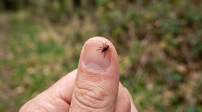 Dangerous tiny brown tick crawling across human fingernail during sunny outdoor nature walk close up shot