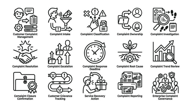 Customer Complaint Management Icons: A collection of stylized line art icons illustrating the various stages of customer complaint management.