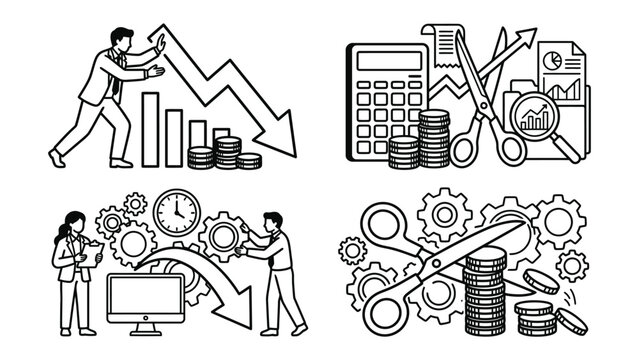 Business Analytics Icons Set: A collection of four line art illustrations depicting various aspects of business analytics, including financial decline, cost reduction, workflow optimization.