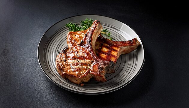 pork chops on a bone grilled or seared on a plate
