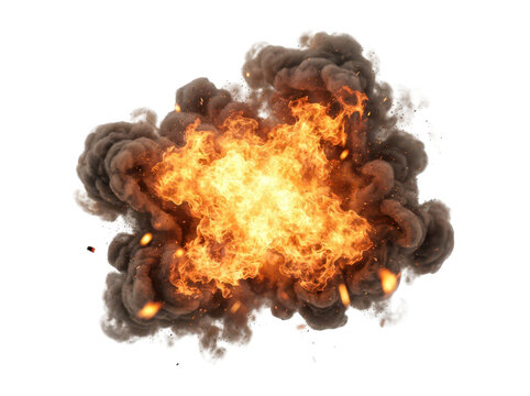 Explosive fireball with dense black smoke burst against transparent background for dramatic visual effects transparent background