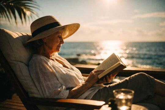 Senior woman reading book on seaside lounge chair at sunset, peaceful retirement vacation, relaxation and quiet coastal leisure.