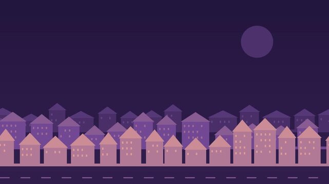 Gabled residential neighborhood scrolling through a quiet town in violet dusk