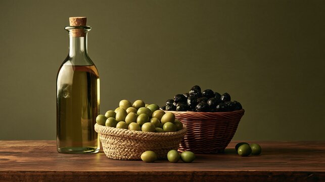 Clear glass bottle of extra virgin olive oil with fresh picked green and black olives in woven wicker baskets on dark wooden table healthy organic mediterranean food concept
