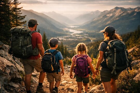 Family hikers with backpacks admire a mountain valley view from a rocky trail at sunset during an outdoor adventure.
