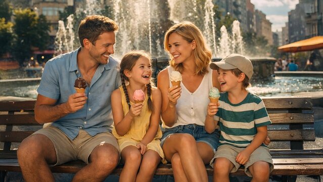 Happy family enjoying ice cream together on a city bench near fountain during sunny summer day.