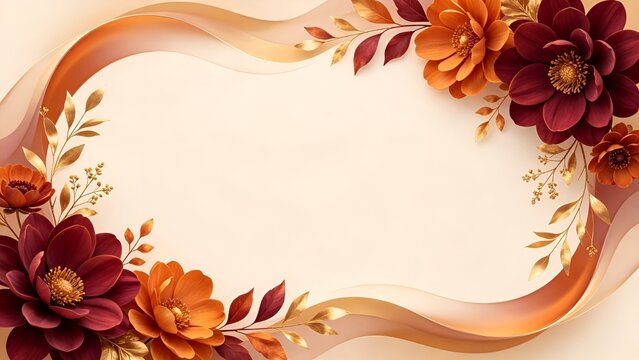 Elegant botanical floral frame, terracotta orange deep burgundy autumn flowers, flowing reddish brown wave lines, gorgeous accents, gilded foliage branches, copy space, plain cream ivory background