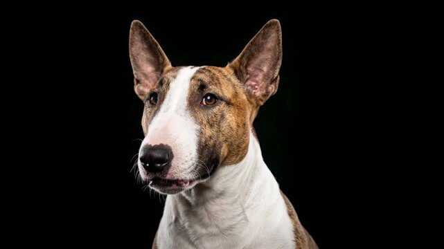 miniature bull terrier close up isolated on black background in england video