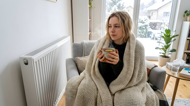  Woman in blanket near radiator with hot tea, common cold and heating, cozy winter home, clean photo without text.