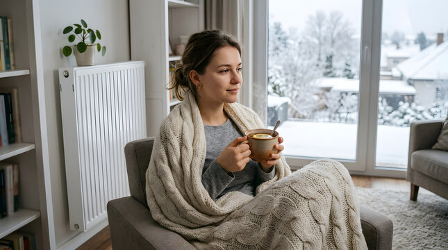  Woman in blanket near radiator with hot tea, common cold and heating, cozy winter home, clean photo without text.