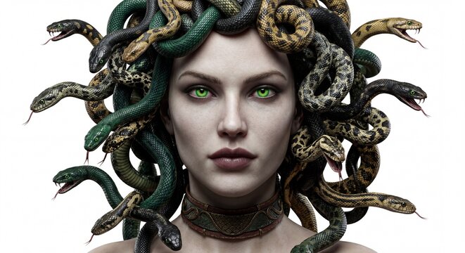 A detailed portrait of Medusa with green glowing eyes and writhing snakes for hair on white base.