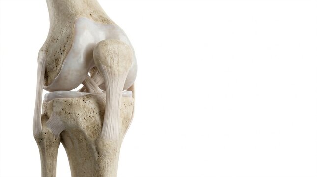 close up of knee joint anatomy showing femur tibia patella and tendons on plain white backdrop