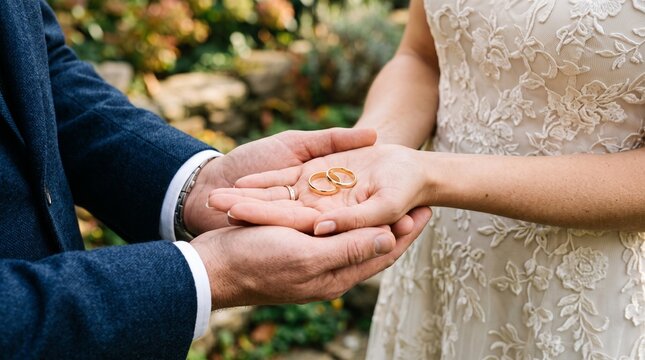 Golden wedding rings resting gently inside cupped hands of bride and groom during emotional matrimony ceremony
