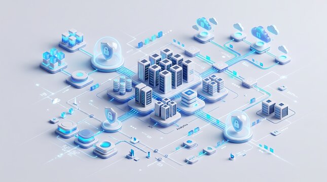 An isometric view of a digital data center with server racks, cloud and security shields connected by glowing blue light data pathways