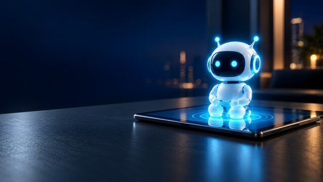 AI Chatbot Robot Sitting on Tablet at Night