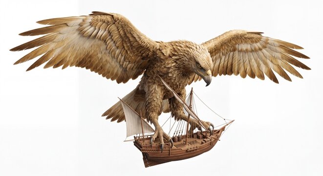 A giant majestic eagle with massive wingspan clutching a miniature wooden sailing ship in.
