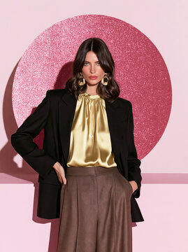 Fashion model in elegant outfit with pink glitter background for lifestyle and beauty marketing