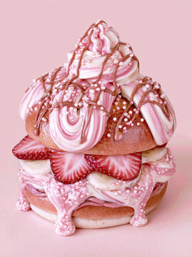 Delicious dessert featuring a layered donut with strawberries, bananas, and pink frosting on a pastel pink background