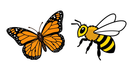 Orange monarch butterfly and honeybee illustration on a white background © Sabbir