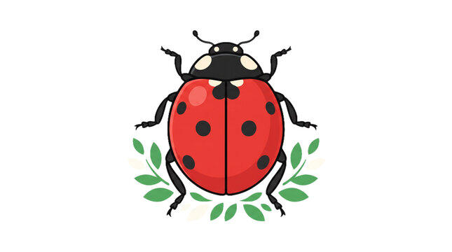 A red ladybug illustration features black spots and green foliage