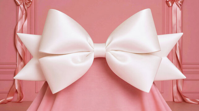 Large White Bow on Pink Background for Gift Wrapping and Decoration