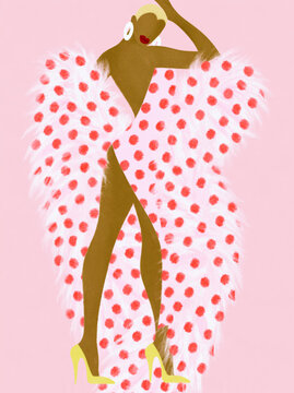 Fashion illustration of a model in a polka dot dress with high heels on a pink background