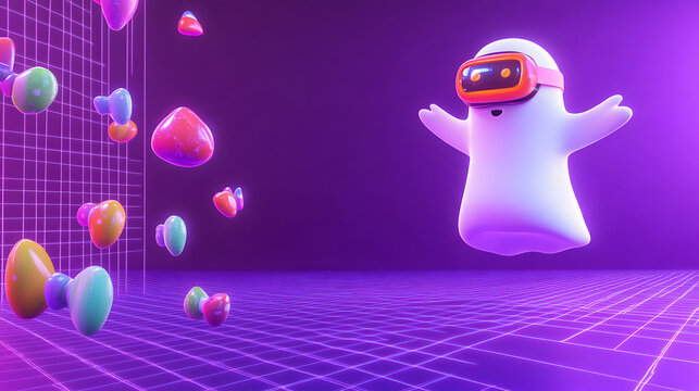 Cute Halloween background with funny 3D ghost wearing VR headset flying in neon cyberspace, cyberpunk gaming metaverse horizontal banner with copy space