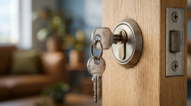 Metal keys inserted in a modern wooden door lock, silver house keys in a cylinder deadbolt, home security and real estate concept
