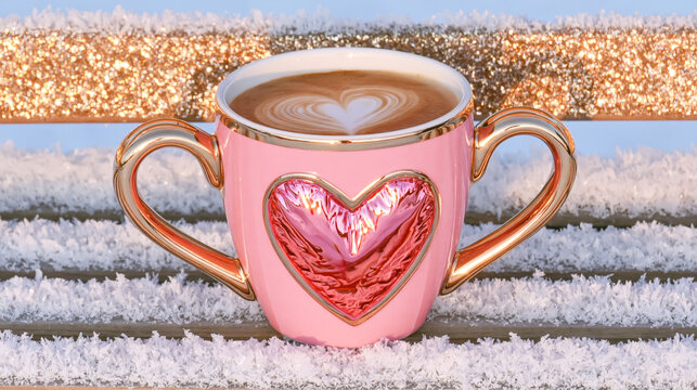 Heart-shaped pink coffee cup with latte art on snowy background for Valentine's Day or winter-themed marketing