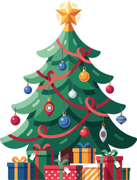 Modern Stylized Geometric Christmas Pine Tree with Colorful Bauble Ornaments Vector