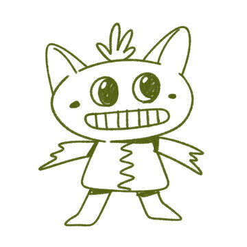 Fun hand drawn monster character featuring pointed ears, sharp teeth, a wide grin, and a playful spooky appearance. The intentionally uneven linework and rough pencil or chalk texture create a distinc