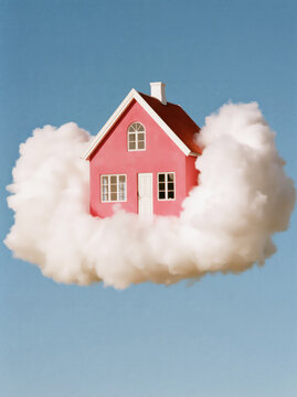 Pink house floating in clouds against blue sky, representing dreams and imagination