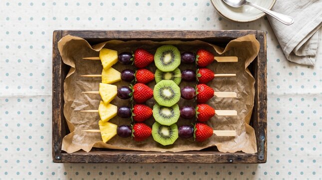 Vibrant fresh fruit skewers arranged neatly inside rustic wooden box lined with parchment paper overhead shot