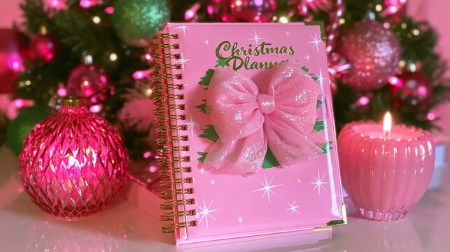 Christmas Planner with Pink Bow and Ornaments on a Festive Background
