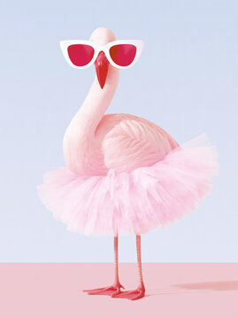Playful Pink Flamingo in Tutu and Sunglasses on Pastel Background