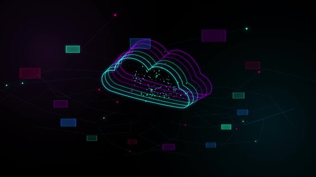 Abstract Cloud Computing Technology Animation with Glowing Neon Data Nodes and Network Connection Lin