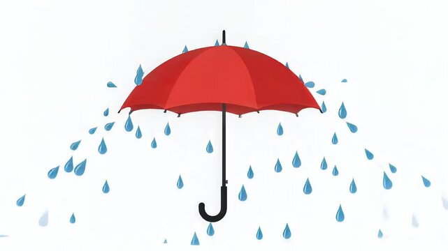 Red umbrella protecting from blue rain drops against a white background