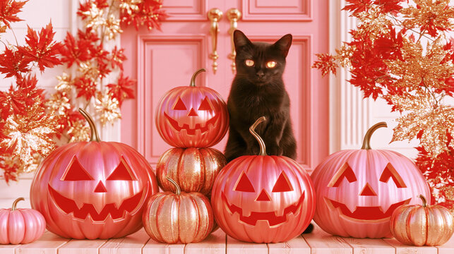 Black Cat with Halloween Pumpkins and Autumn Leaves in Pink Decor
