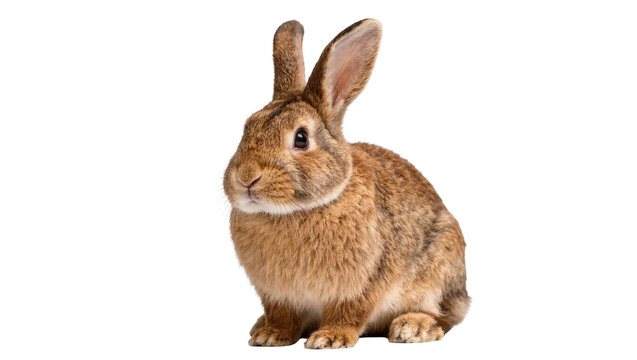 Fluffy brown rabbit sitting, isolated on transparent background