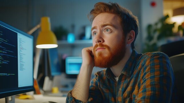 Pensive Young Software Developer Working Late on Coding Project
