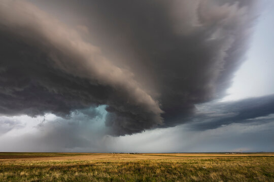 Tornado-warned Supercell storm over grassland in merino, colorado