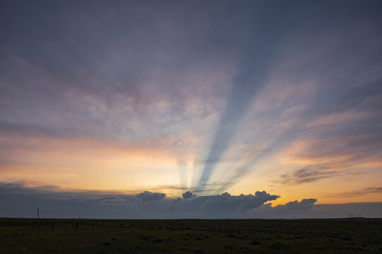 Anti-crepuscular rays at Sunset over Great Plains in USA Tornado Alley