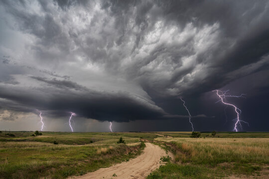 Lightning strikes over grassland thunderstorm in wallace nebraska