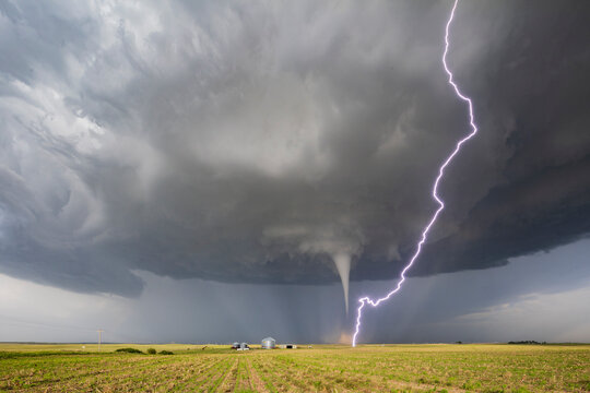Tornado with Cloud-to-ground Lightning near dickens, nebraska, USA