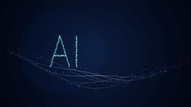 Artificial Intelligence AI Text Logo with Glowing Blue Digital Particles and Motion Data Wave Lines