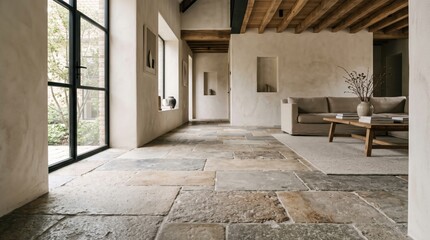 Fototapeta premium Minimalist rustic living room with natural stone floor and wooden beams