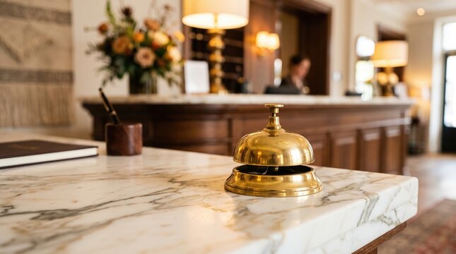 Elegant hotel bell desk with gold call button on marble countertop
