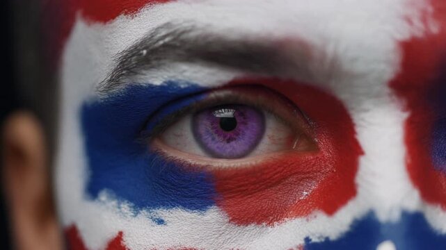 Extreme macro photorealistic footage of a fictional adult male football supporter's eye, deep violet purple iris with England flag face paint